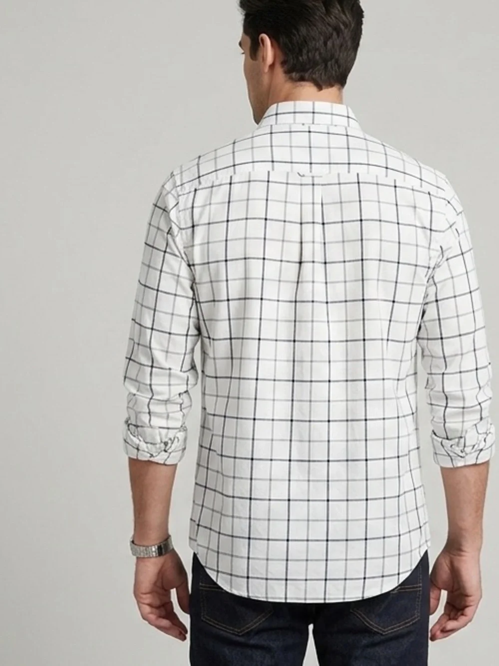 Banana Republic/UntuckWhite Button-Down Shirt with Black & Gray Windowpane Check